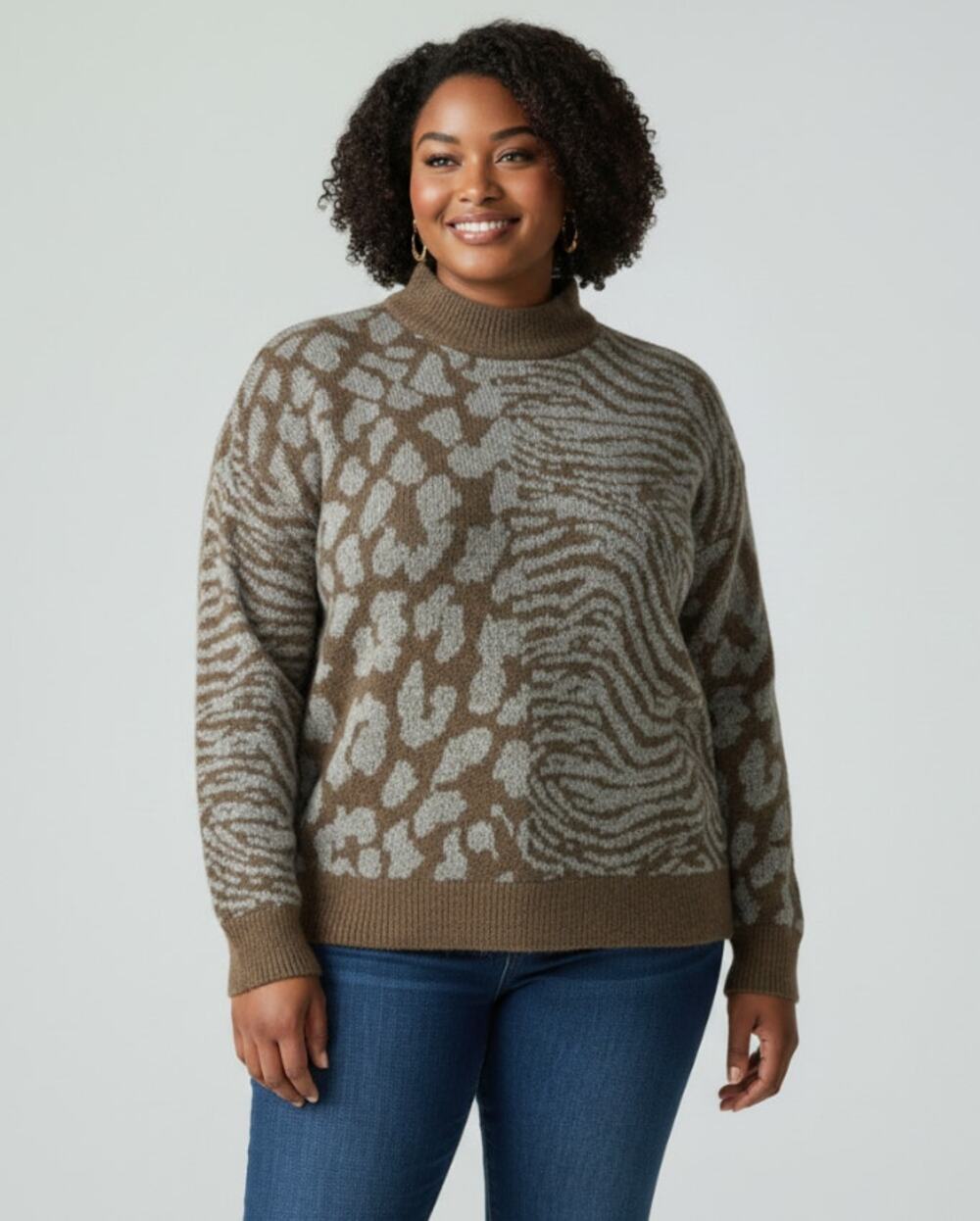 Vero Moda Animal Print Mock Neck Pullover Sweater Brown Grey Size 2X NEW!